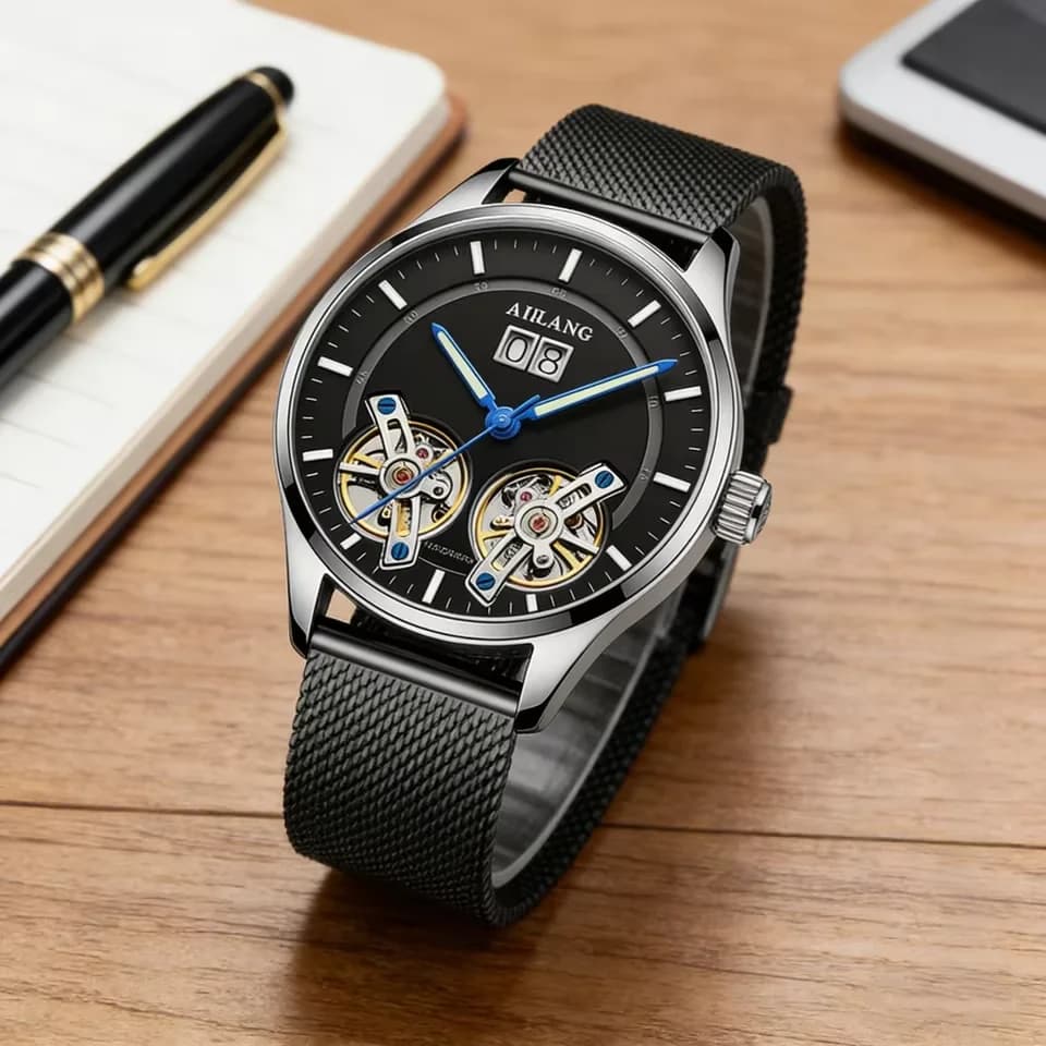 AILANG Orologio Meccanico Automatico Casual da Uomo con Lancette Luminose, Cinturino in Pelle, Orologio Scheletrato di Lusso alla Moda