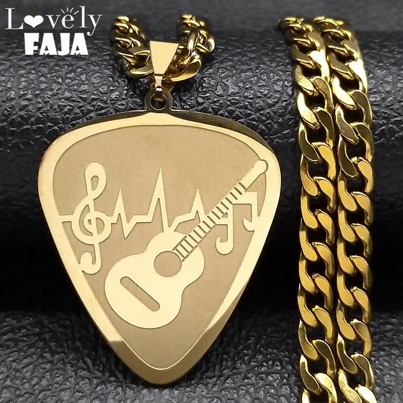 Collana Hip Hop Guitar Pick Bass Note per uomo Acciaio inossidabile placcato oro Amanti della musica Collane con ciondolo Gioielli colar N3003GD