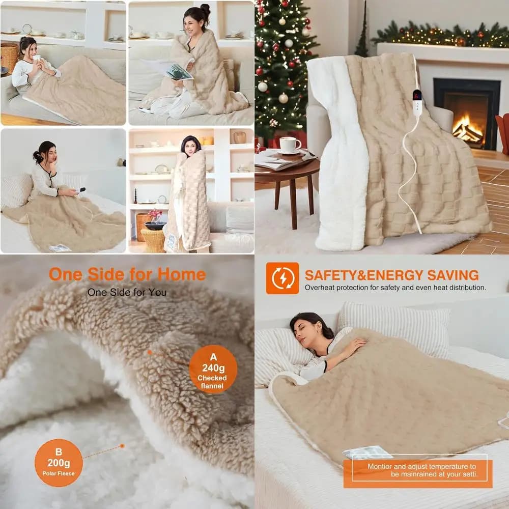 Coperta Elettrica in Morbida Flanella, 6 Livelli di Calore Regolabili, Timer 10 Ore, Spegnimento Automatico, 90x100 Kaki