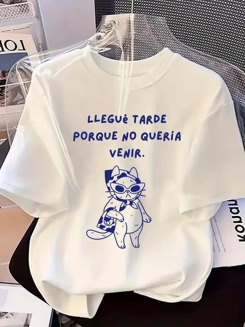 T-shirt grafica con slogan Cool Cat in spagnolo, top a maniche corte con girocollo, stampa Llegue Tarde Porque No Queria Venir, maglietta alla moda per tutti i giorni