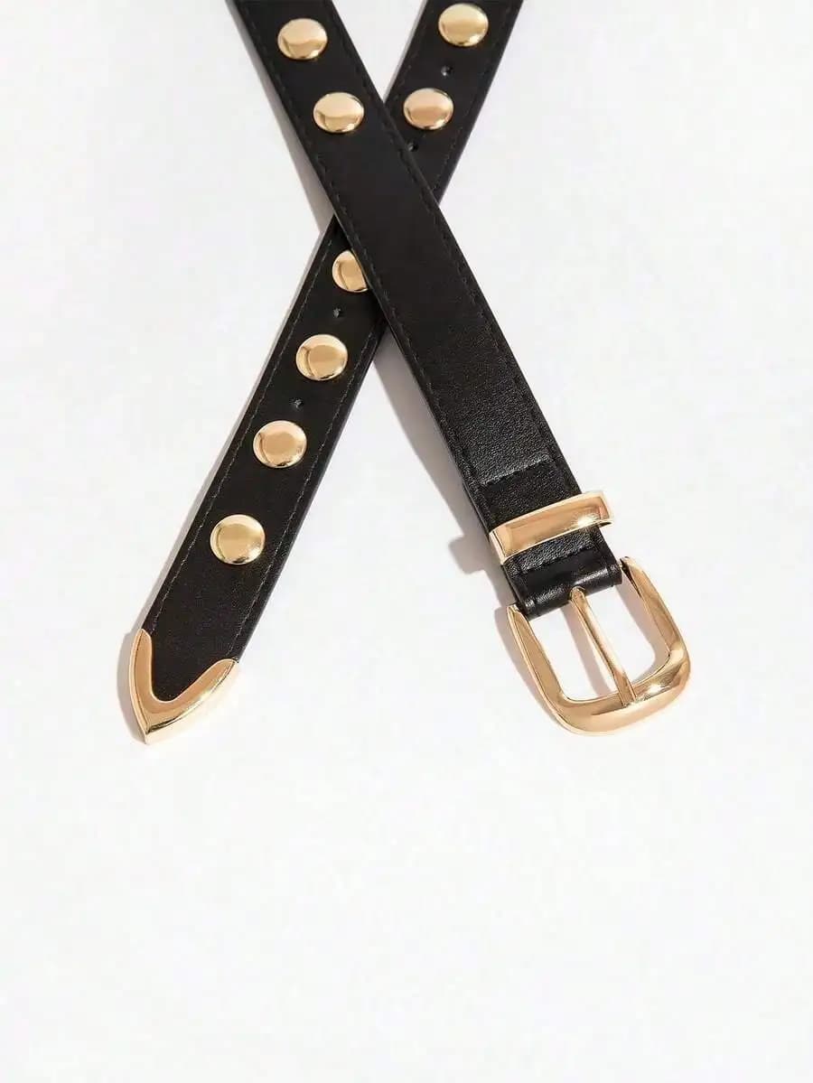 1 cintura da donna in jeans con fibbia a rivetto rotonda in stile punk Y2K, color oro/argento, accessorio versatile per l'uso quotidiano, estate, scuola, autunno.