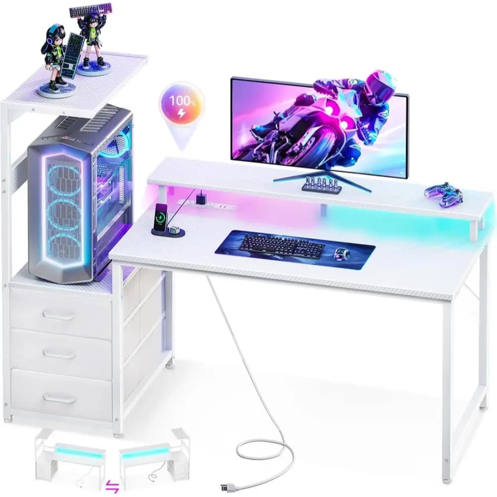 52 Inch Gaming Desk with USB Charging Ports & LED Light - Reversible Computer Desk with 3 Fabric Drawers, Monitor Stand,
