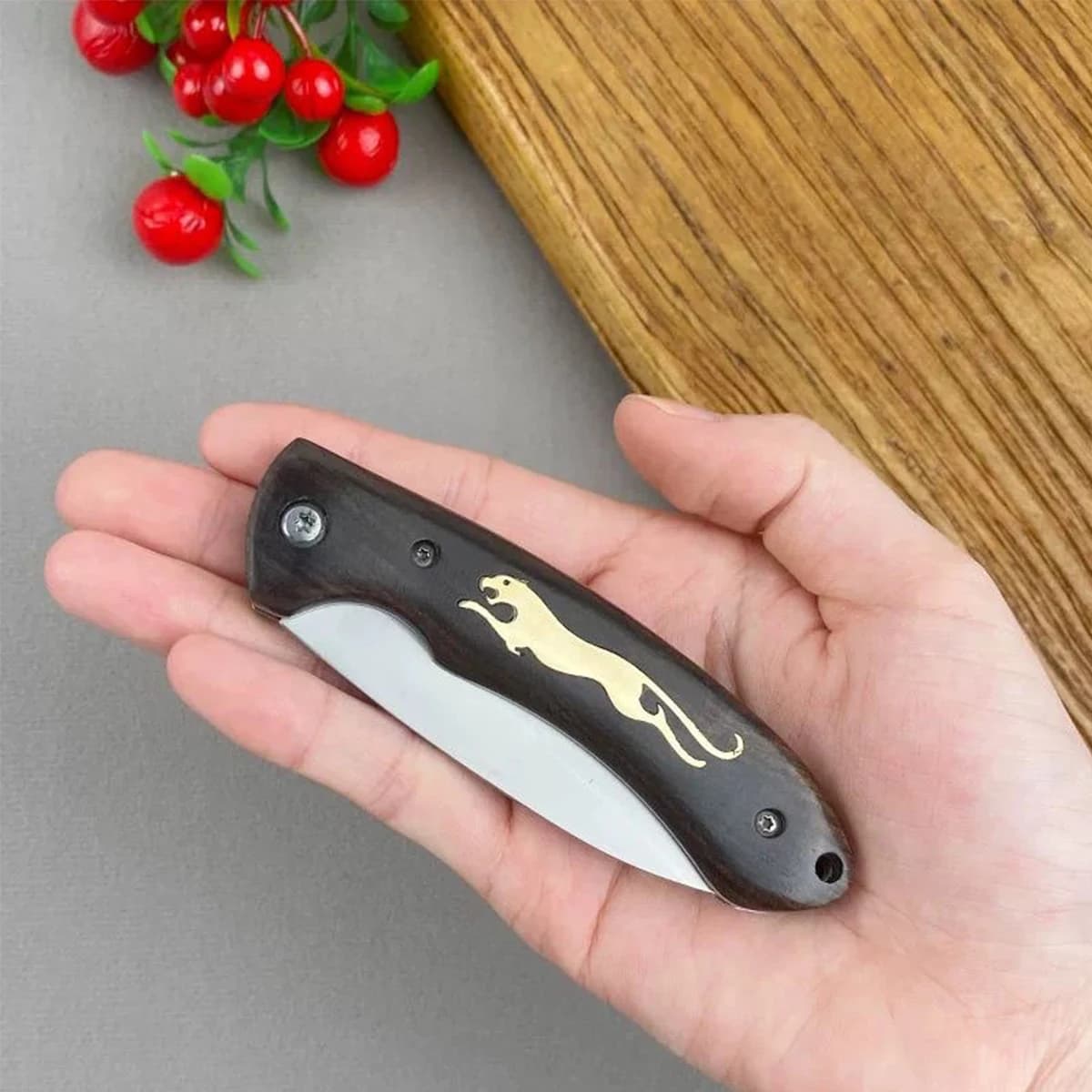 TUPI Folding Knife with Hand-Mained Wood Handle, Multipurpose Knife for Slicing Meat, BBQ, Fruit, Boning and Threading Fish, Kitchen Tools