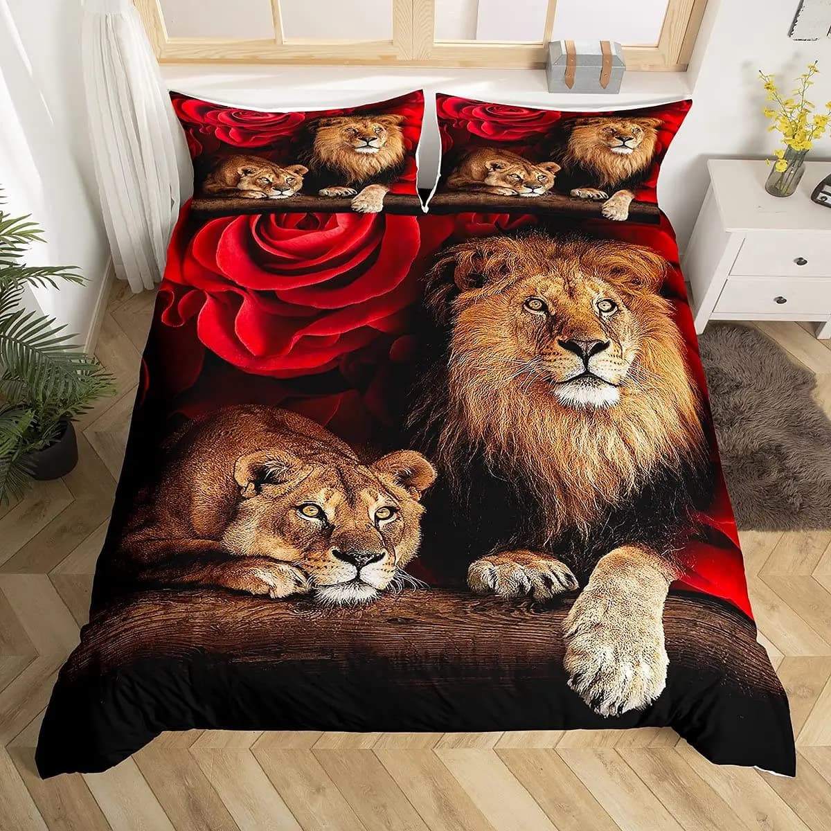 Set copripiumino Lion Rose King Size Copripiumino in poliestere con stampa floreale animale Set biancheria da letto a tema naturale per bambini Adulti Adolescenti