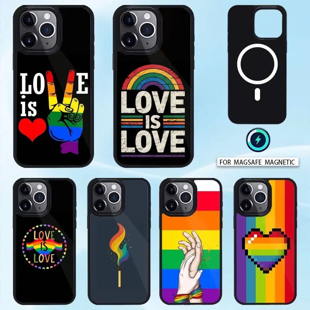 Cover per iPhone 'Love Is Love' LGBT Arcobaleno per iPhone 17, 16, 15, 14, 13, 12, Pro, Max, Compatibile con Ricarica Wireless Magnetica Magsafe
