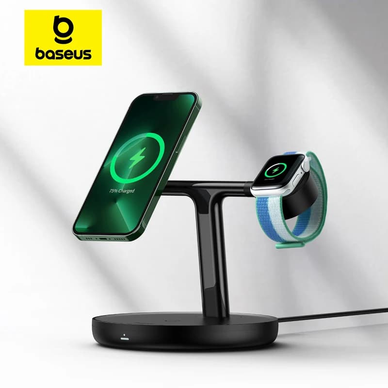 Baseus 3 in 1 Support for 20 W Magnetic Wireless Charger for iPhone 15 14 Pro Airpods Fast charging station support for Apple Watch