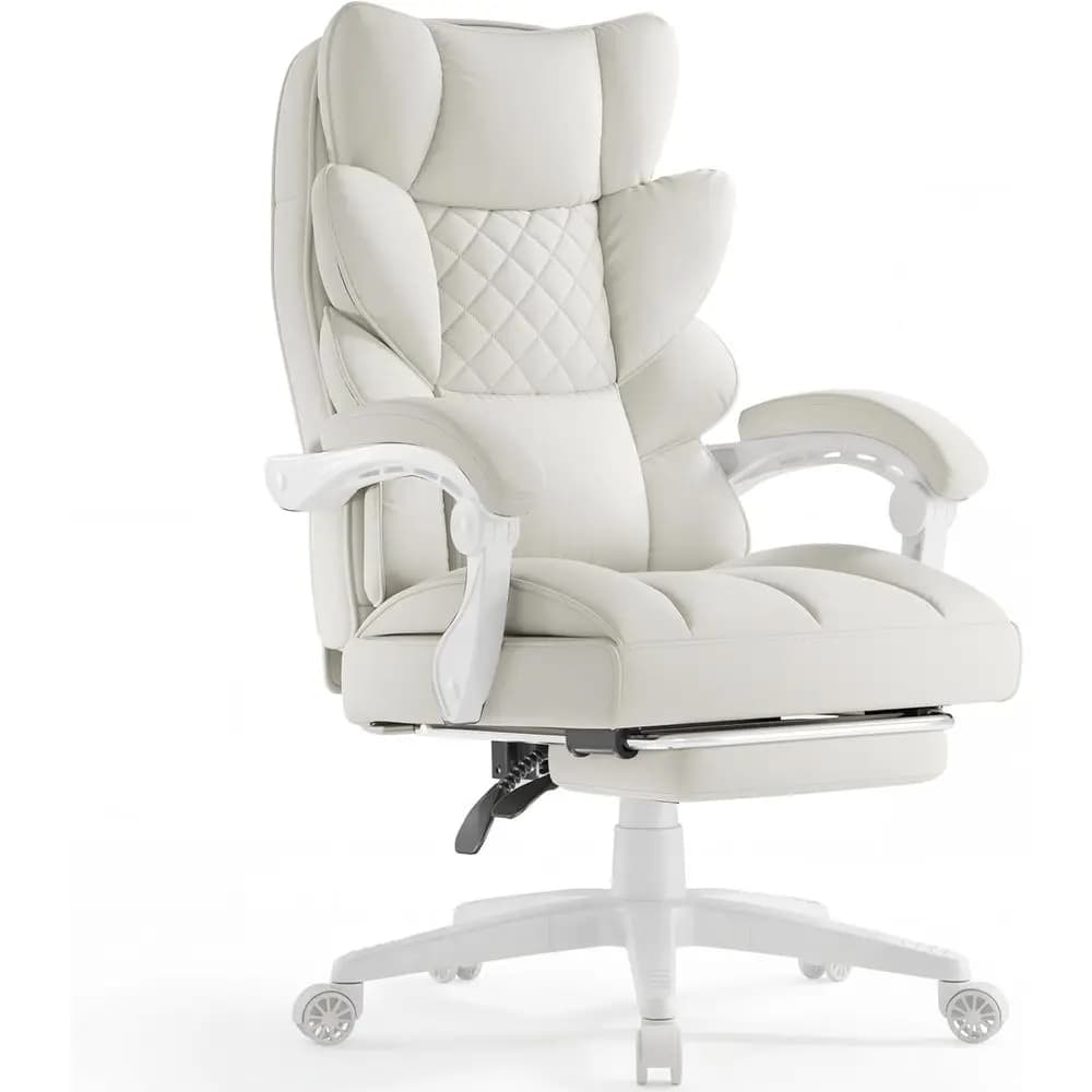 Sedia da Ufficio Ergonomica Grande con Schienale Alto, Cuscino a Molla, Braccioli Regolabili, Poggiapiedi - Pelle PU Bianca