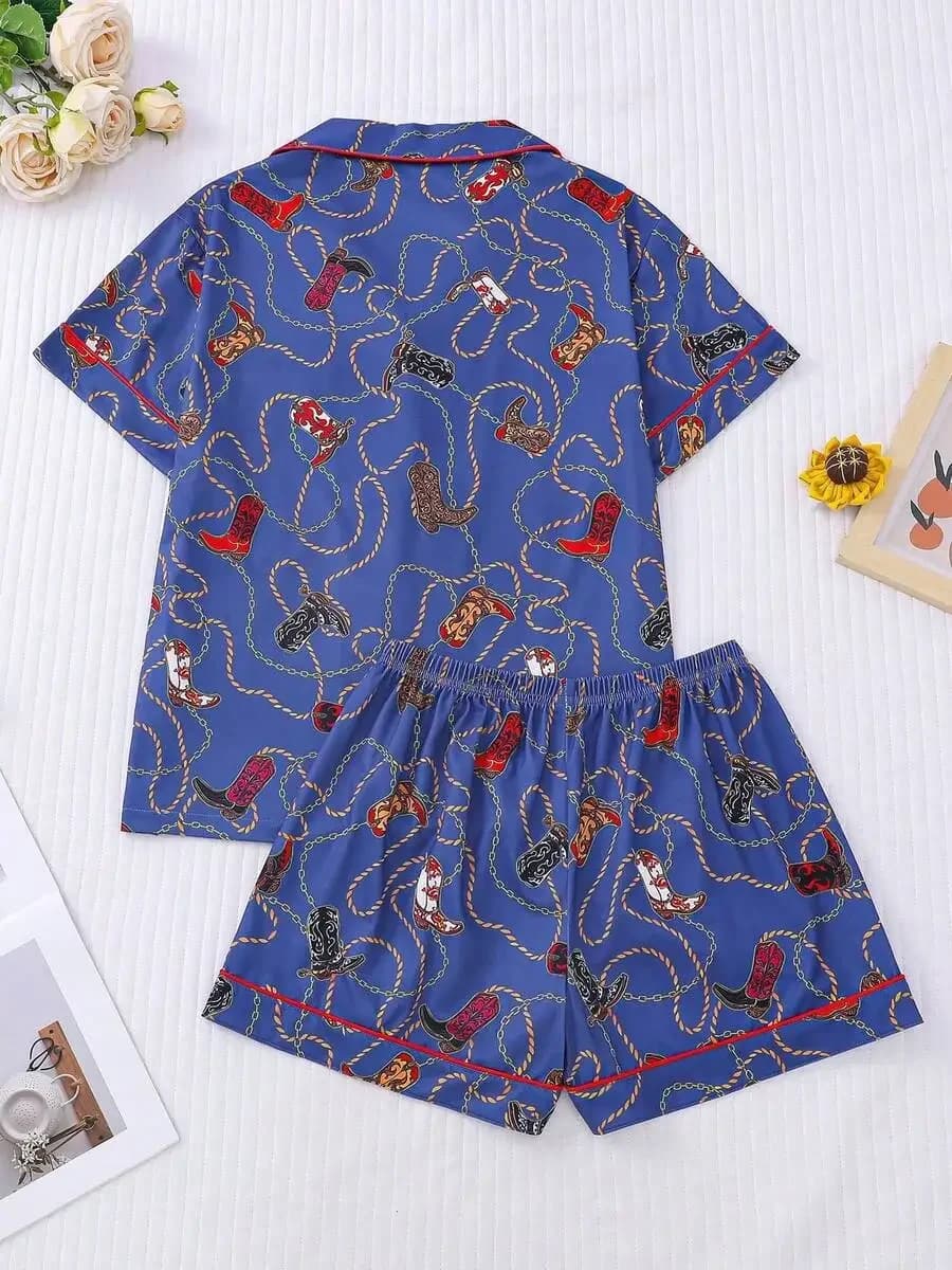 Womens Blue Cowboy Boot Print Short Sleeve Pajama Set With Shorts