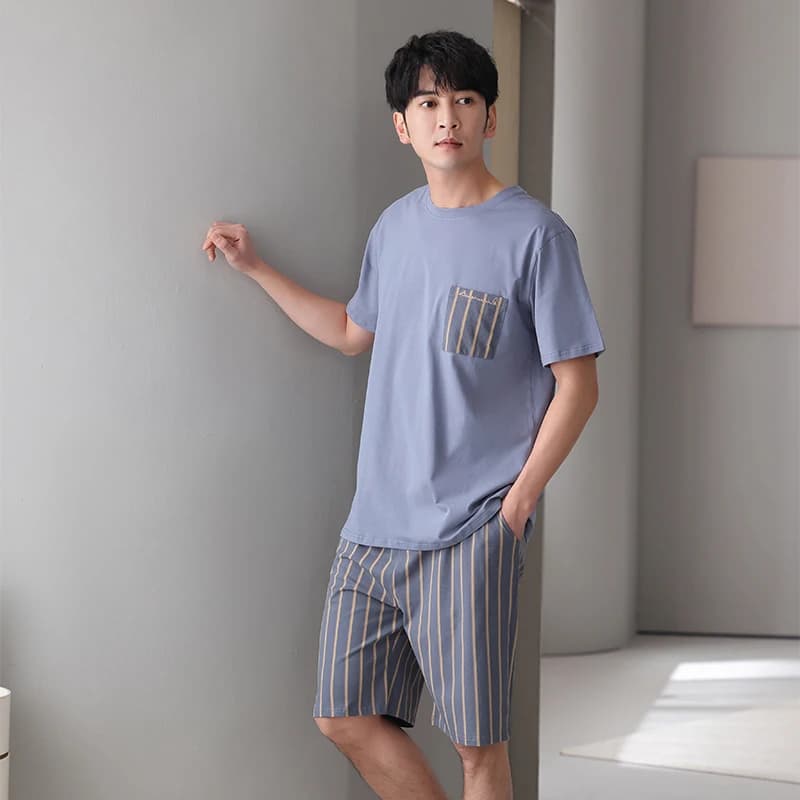 Pigiama da uomo Set estivo manica corta a righe Casual tuta da notte + pantaloncini 2 pezzi pigiama maschile 4XL 5XL 6XL 7XL pigiama Hombre