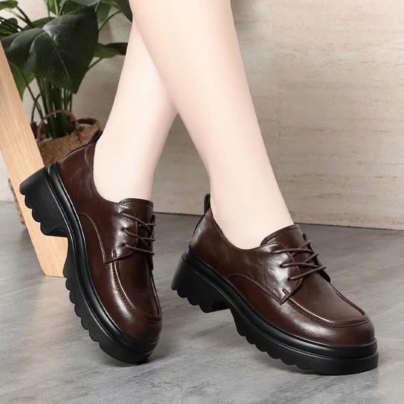 Scarpe Oxford in morbida pelle vintage con bocca profonda da 5 cm per donna 2025 Scarpe con tacco quadrato con lacci autunnali Fondo spesso per ufficio quotidiano