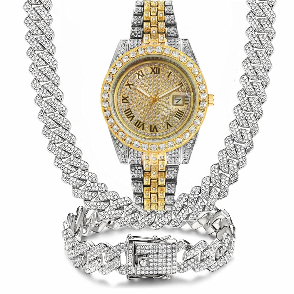 Blue Red Green Dial Golden Dial Calendar Fully Frozen Watches For Men Cuban Chain Bracelet Bling 3 Piece Jewelry Set Gifts