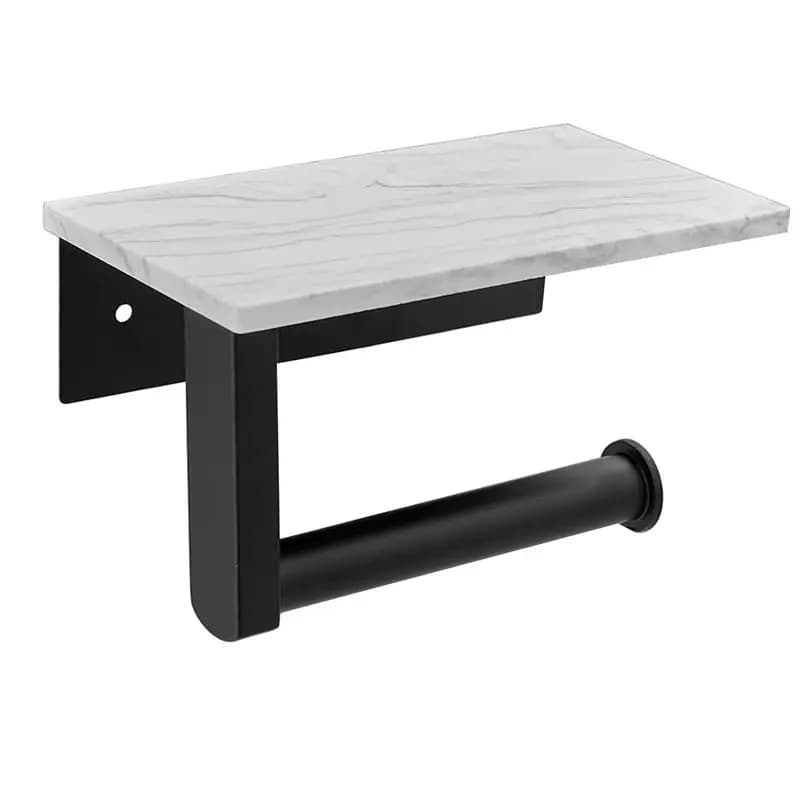 AT02-Marble Toilet Paper Holder With Shelf Toilet Paper Roll Holder Wall Mount For Bathroom Cabinet Decorative, Black Easy To Us