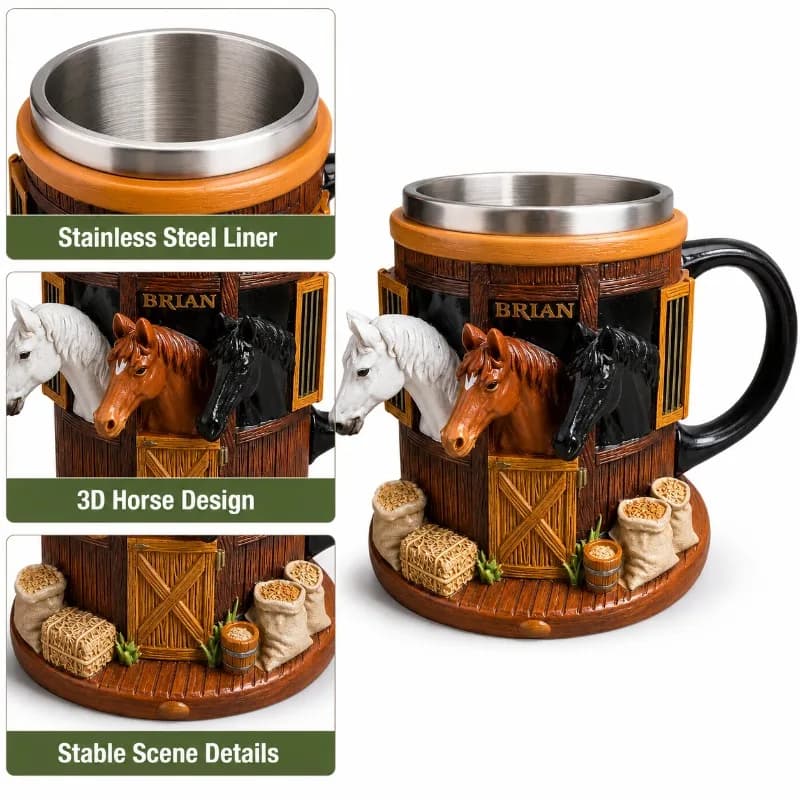 Western Horse Stable 3D Resin Beer Mug Stainless Steel Lined Interior Farm Ranch Horse Head Sculpture Coffee Cup Country Home