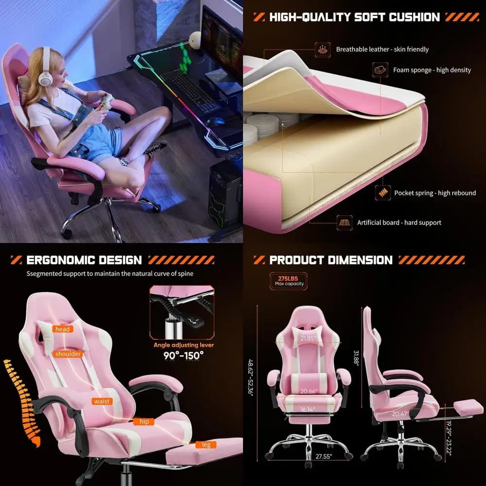 Sedia da Gaming Ergonomica Resistente con Poggiapiedi, Supporto Lombare, Schienale Regolabile, Rotazione a 360° ° Sedia girevole, per ufficio domestico e ragazzi