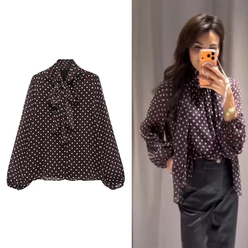 Women's blouse with Pois print, New Spring Collection 2026, with bow, Top Elegant Long Sleeves with Volant, Large fit