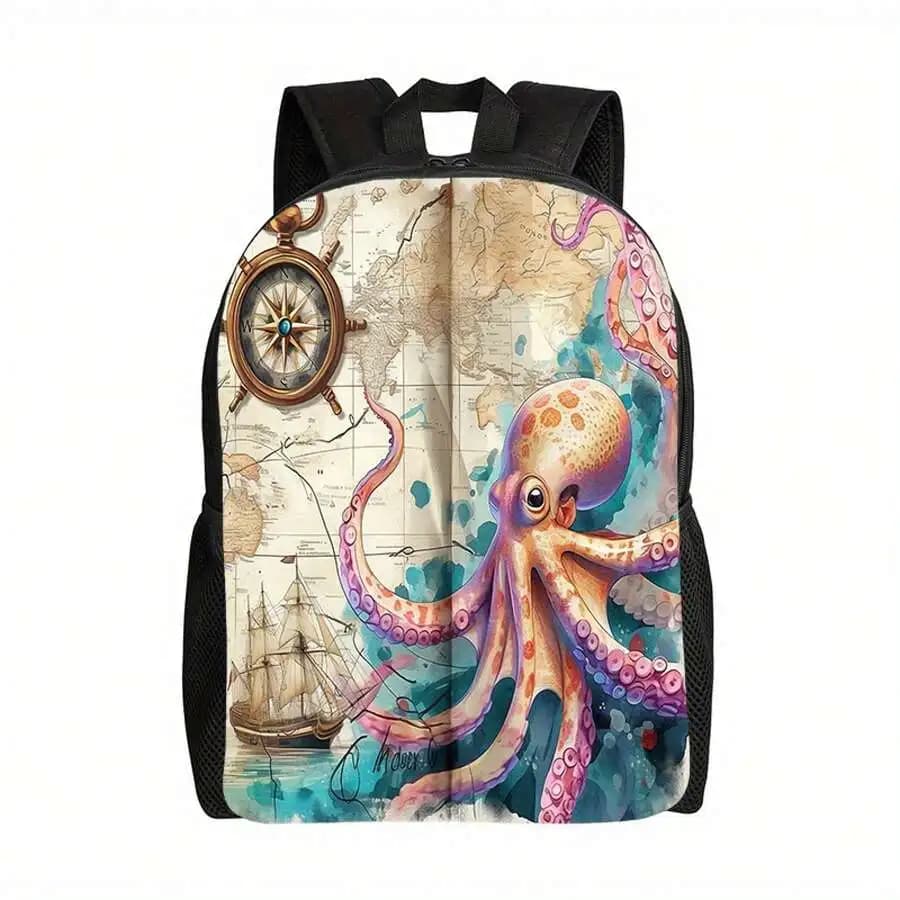 Ocean Adventure Backpack With Octopus And Compass Print Lightweight Adjustable Straps Multiple Compartments For Adults