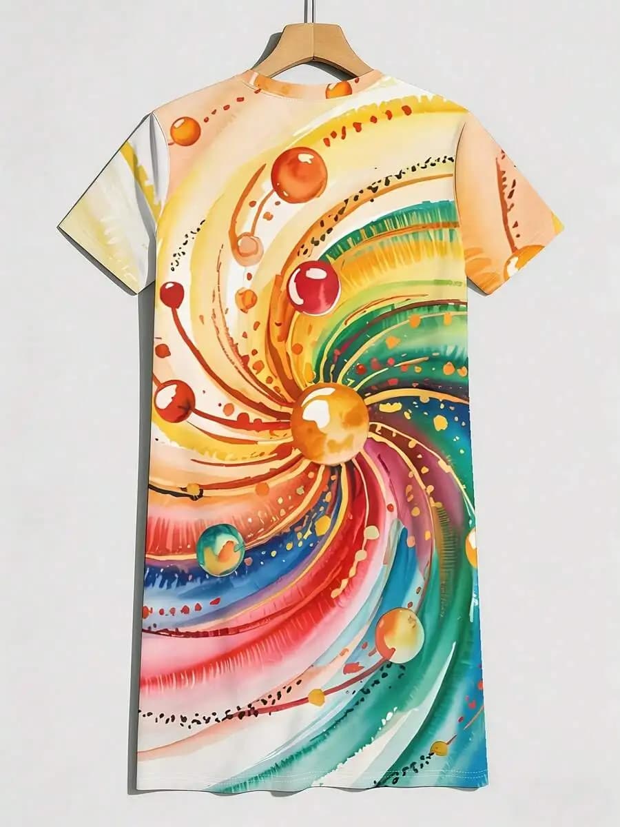 Abito T-Shirt da Donna con Collo Rotondo e Maniche Corte con Stampa Digitale, Vestito Estivo Casual