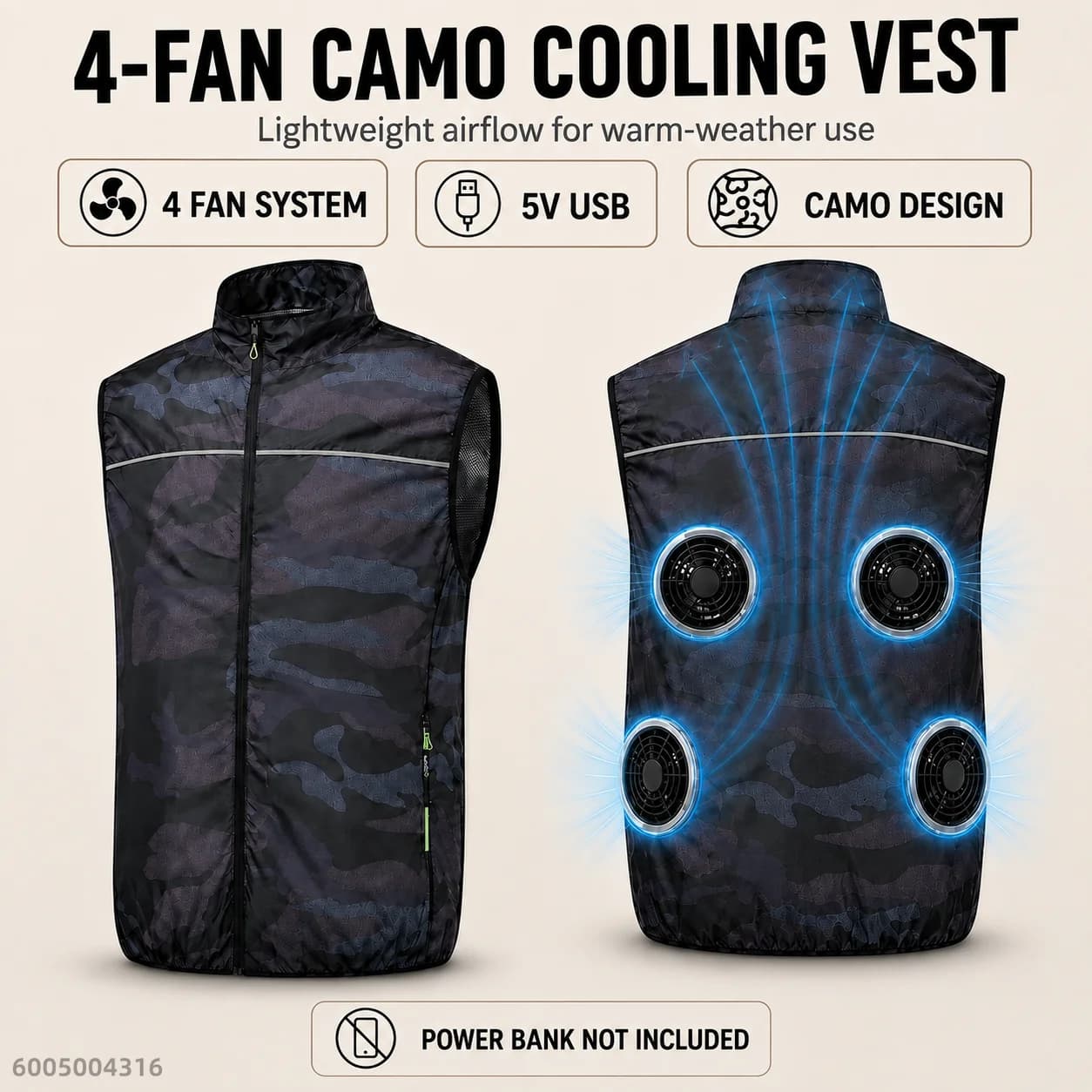 Men's 5V USB 2/4-Fan Camouflage Cooling Vest Lightweight Workwear for Fishing Construction Outdoor Power Bank Not Included