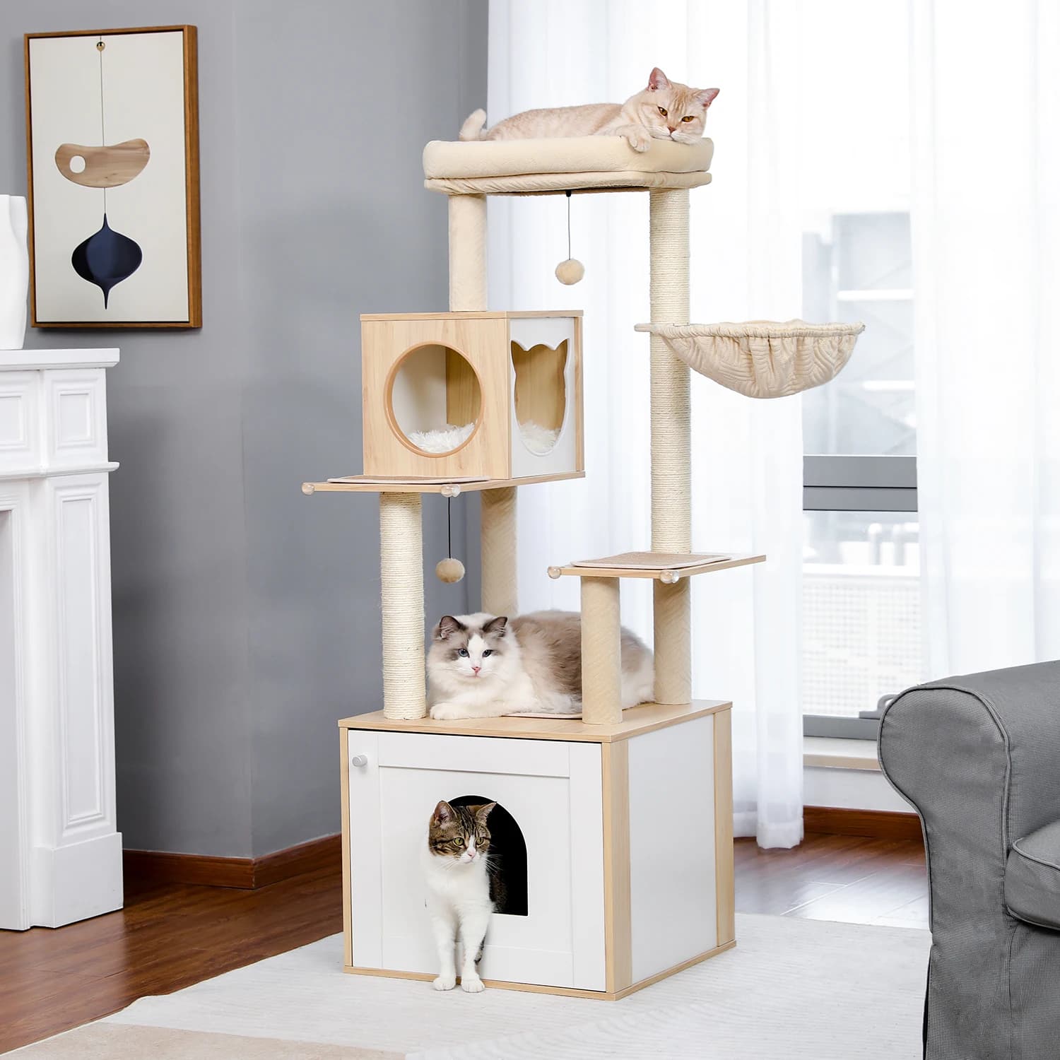 Tiragraffi with container for large litter tower for cats in wood with locker and cozy scarf covered in Sisal for cats