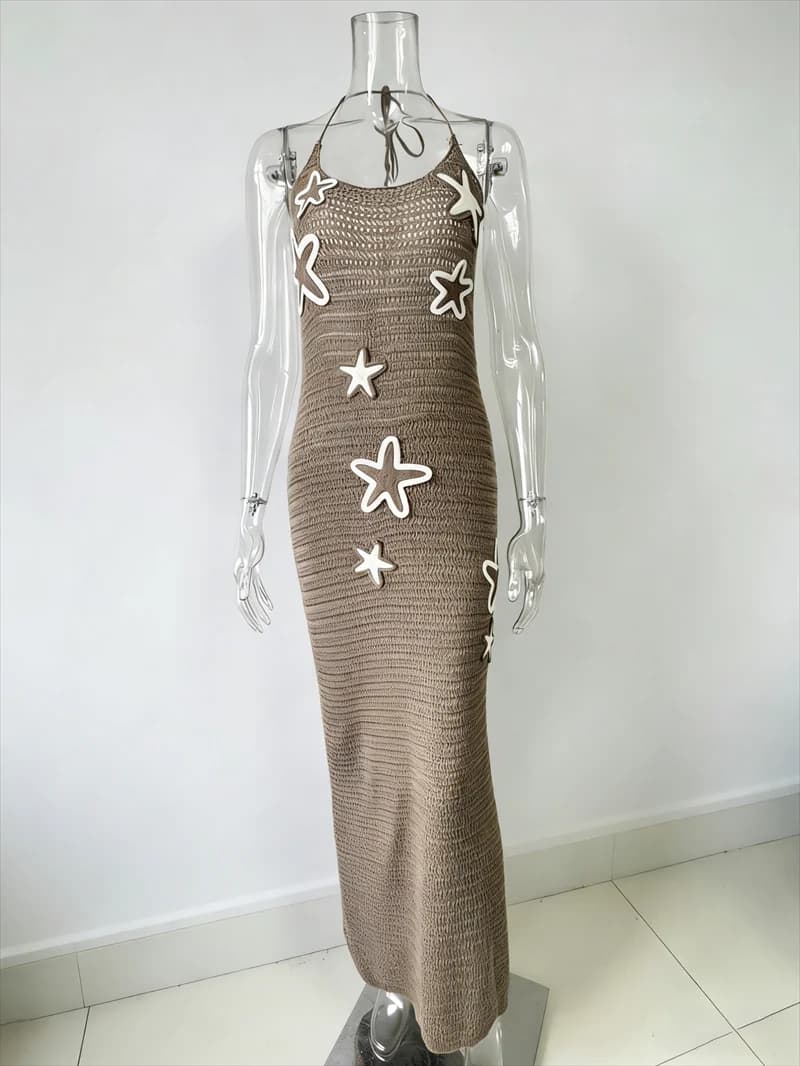 Women's Halter Backless Lace-Up Long Bandage Dress Knitted Bikini Cover-Up Summer Crochet Swimwear Robe Sexy Beach Bathing Suit