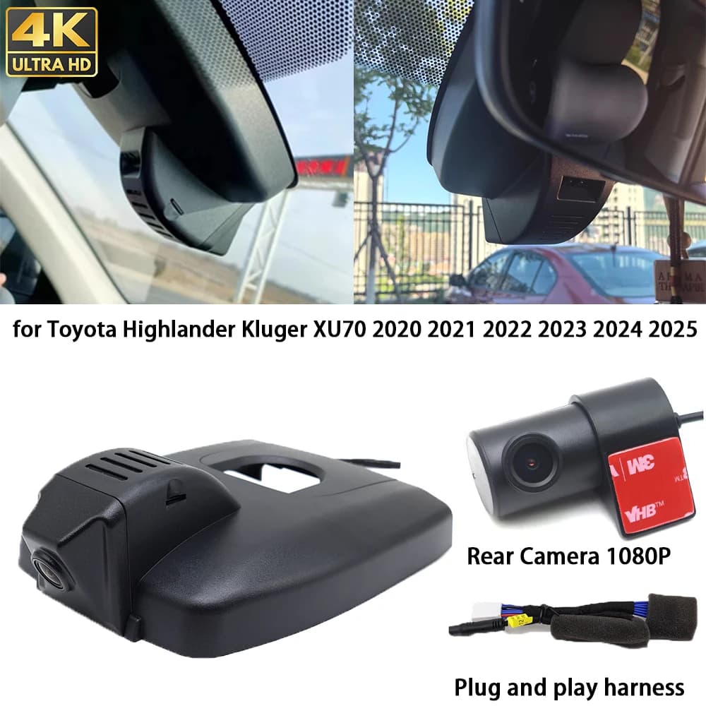 For Toyota Highlander Kluger XU70 2020 2021 2022 2023 2024 4K Dash Cam Front Camera Rear DVR Plug and Play Video Converter Wifi