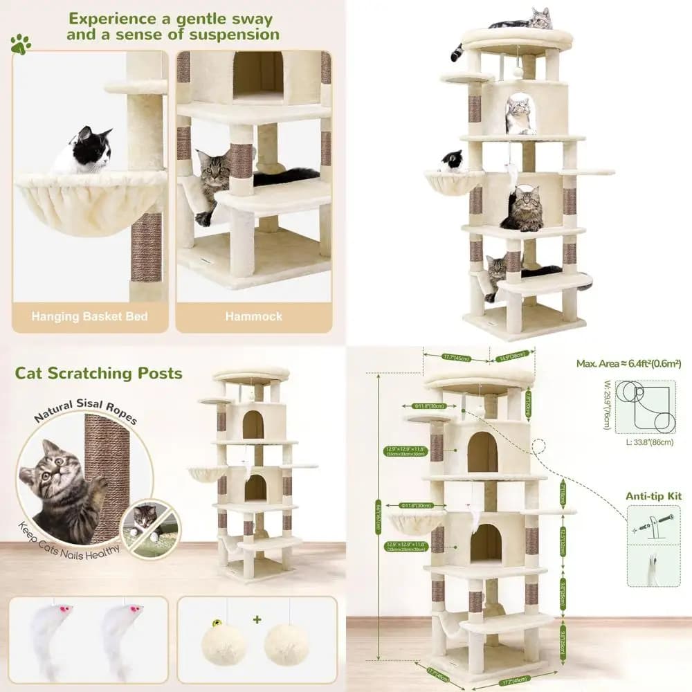 Torre per Gatti Alta 66 Pollici con 6 Posti di Tiraggio, 2 Cucce, Amaca e Cesto, Beige
