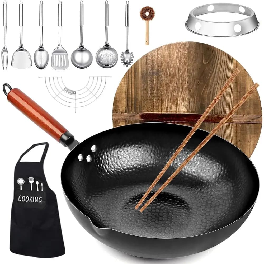 Set of 14 Pieces for Wok and Stir-Fry with Wood Cover, Carbon Steel Plate, Suitable for All Forms, 12.6