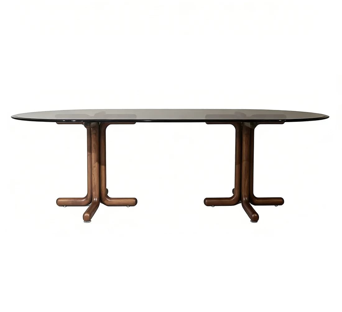 Tavolo da Pranzo Ottagonale con Gambe in Legno Massello e Piano in Vetro, Arredamento per Sala da Pranzo, Set da 6 Posti