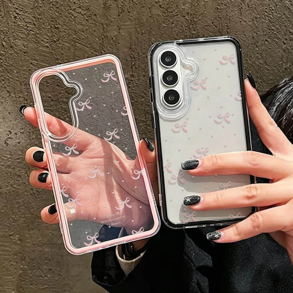 Cute Pink Bow Soft Phone Case For Samsung A57 A17 A07 A37 S26 Ultra S25 S24 A36 A56 A26 A16 Candy Color 2 IN 1 Transparent Cover