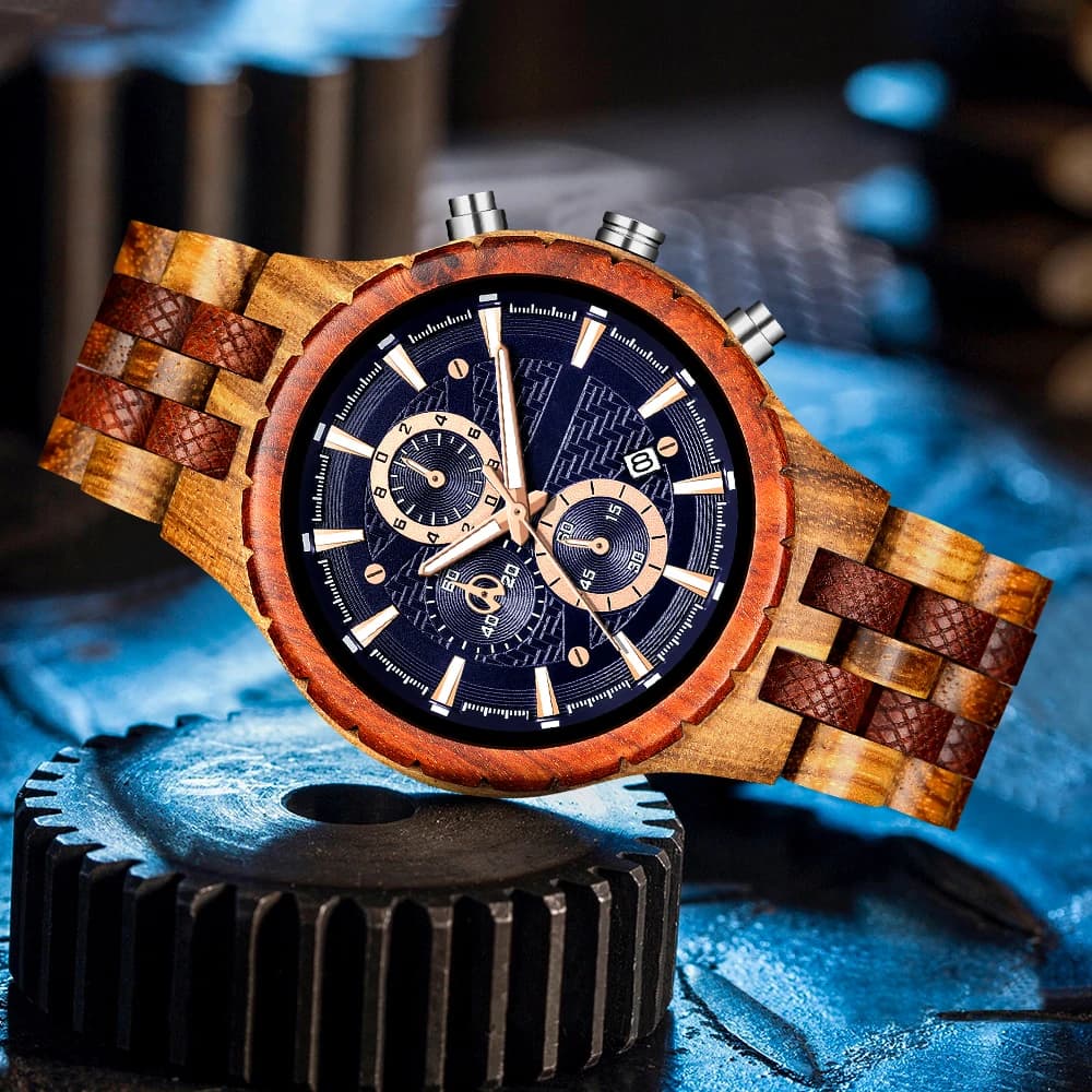 Chronograph Calendar Men's Wooden Watch Quartz Watch for Men Folding Clasp Wooden Watches Vintage Natural Wood Men Timepiece