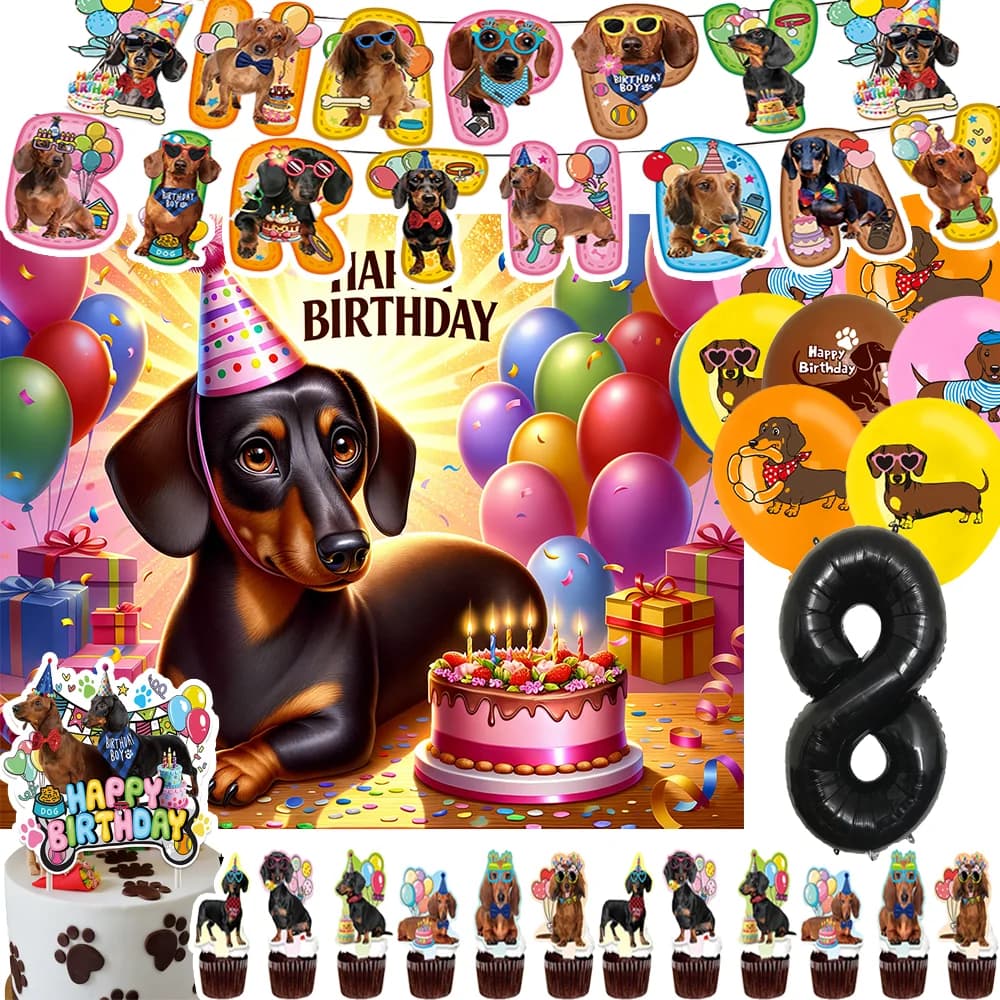 Simpatico tema bassotto Forniture per feste di compleanno Salsiccia Cane Palloncino Sfondi per cuccioli Cupcake Topper Banner Baby Shower Puntelli per foto