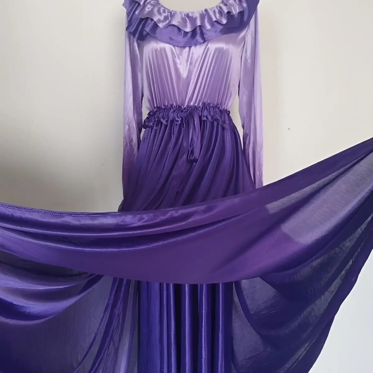 Double Layers Glossy Ruffles Men Long Dress Plus Size Sleeping Robe Women Satin Long Sleeve Dress With Sash Loose Maxi Dress