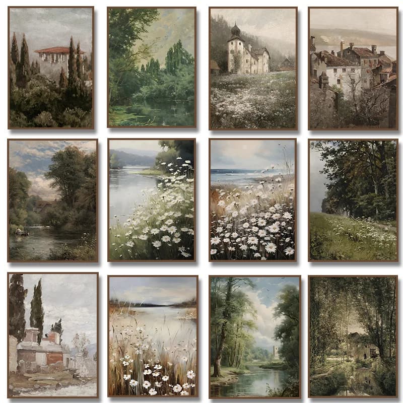 Vintage Countryside Spring Natural Views Wildflower Diamond Painting Wall Art Print Rustic Landscape Poster Picture Home Deco