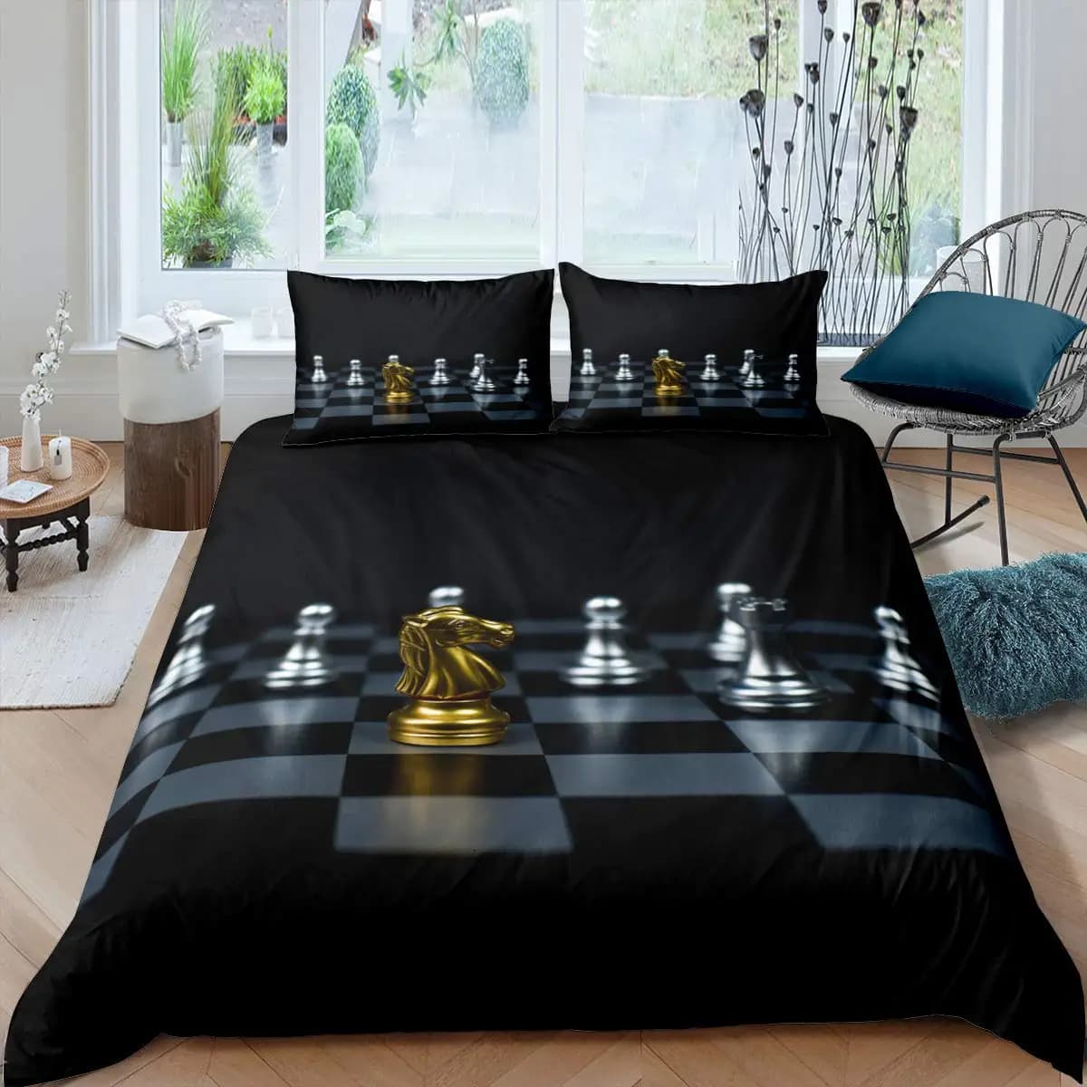 Set copripiumino per scacchi internazionale Set biancheria da letto per amanti degli scacchi Queen Size per ragazzi adulti Base nera in microfibra 2/3 pezzi Copripiumino