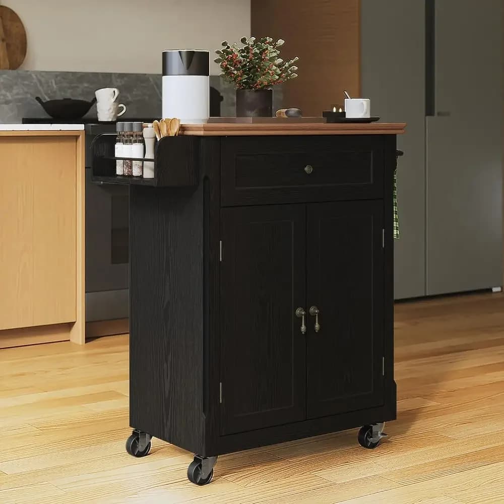 Vintage 26 Rolling Kitchen Island Cart with Storage Cabinet, Spice Rack, and Towel Bar in Black