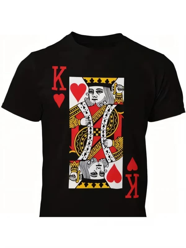 Vintage King of Hearts Playing Card Graphic T-Shirt, Men's Retro Poker Print Crew Neck Tee, Bold Symmetrical Design Black Shirt