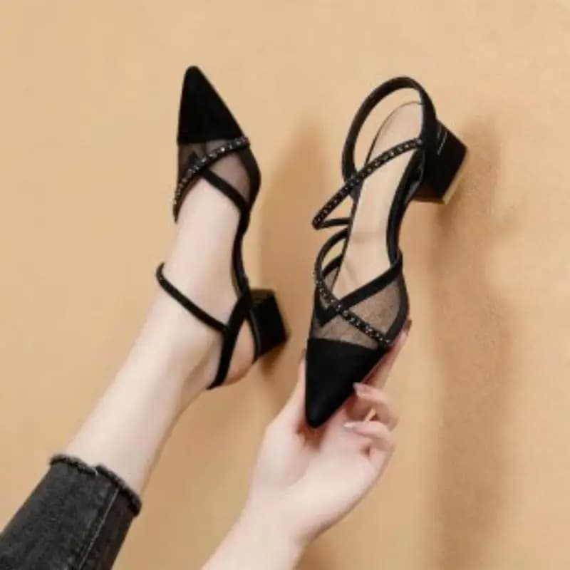 Sandali Estivi 2025 da Donna con Punta Chiusa, Cinturino Singolo, Rete e Strass, Tacco Spesso, Punta Affusolata, Scarpe Eleganti