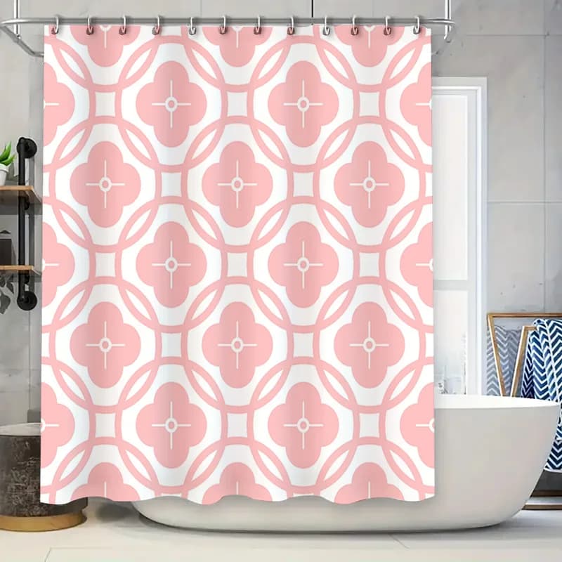 Tenda da doccia geometrica rosa e bianca per l'arredamento del bagno Tappetino da bagno moderno in tessuto stampato Idea regalo perfetta (dimensioni 72x84)