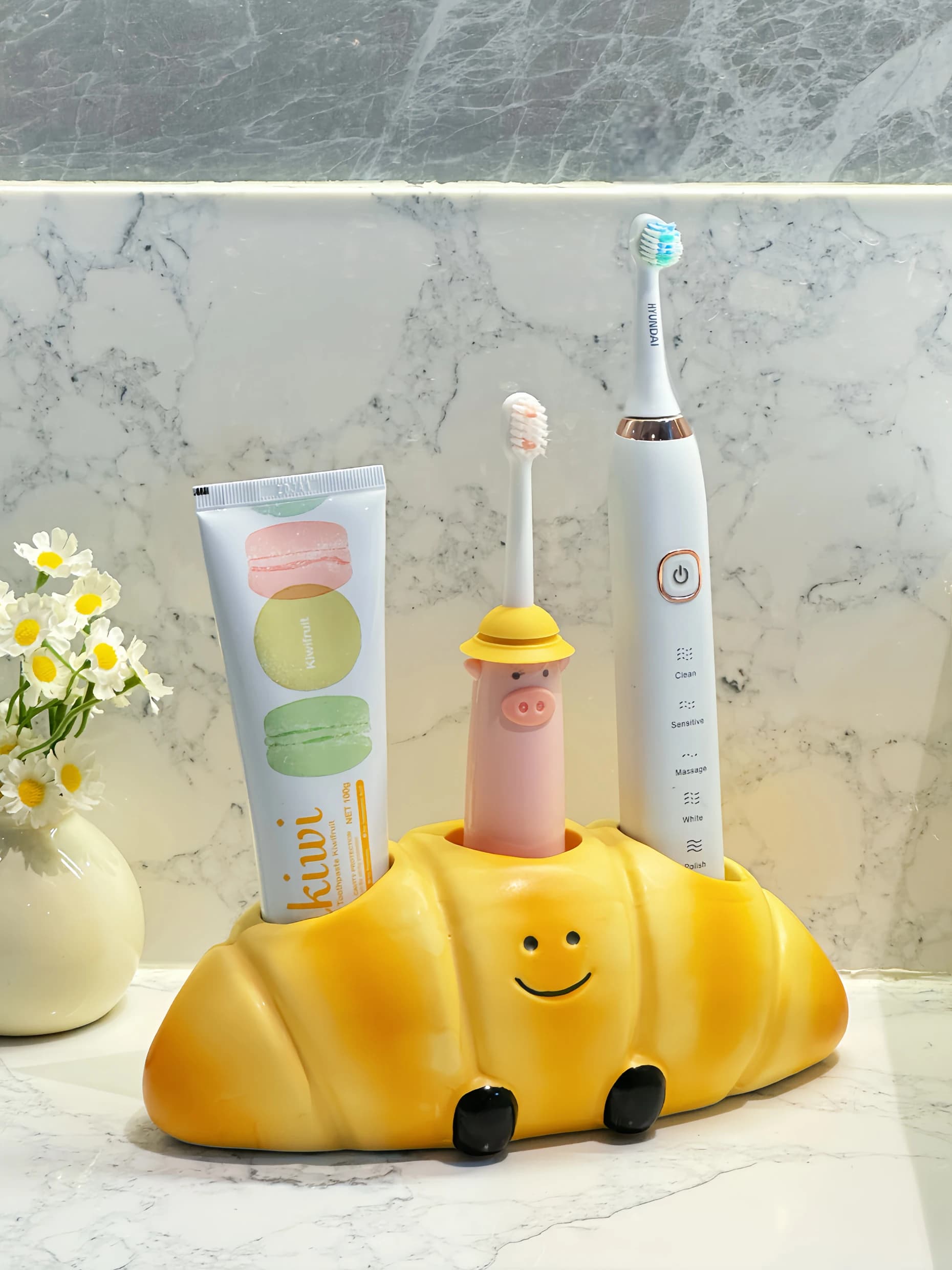 Portaspazzolino in Ceramica Carino, Supporto per Dentifricio e Spazzolino da Bagno, Base Portaoggetti da Cucina Stile Cartone Animato