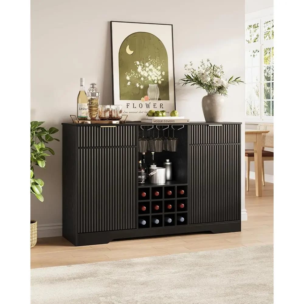 Mobile Bar per Vini con 55 Bottiglie, 2 Ante e Cassetti, Porta Liquori e Porta Bicchieri per Bar Domestici