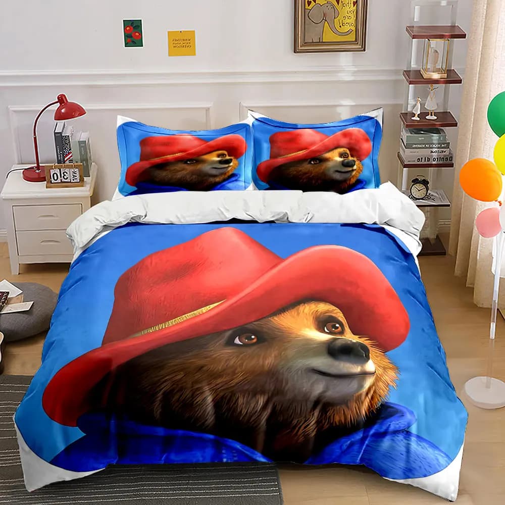 3Pcs Paddington Bear Bedding Set, Cute Bear in Red Hat Print Duvet Cover + 2 Pillowcases, Classic Children's Decor