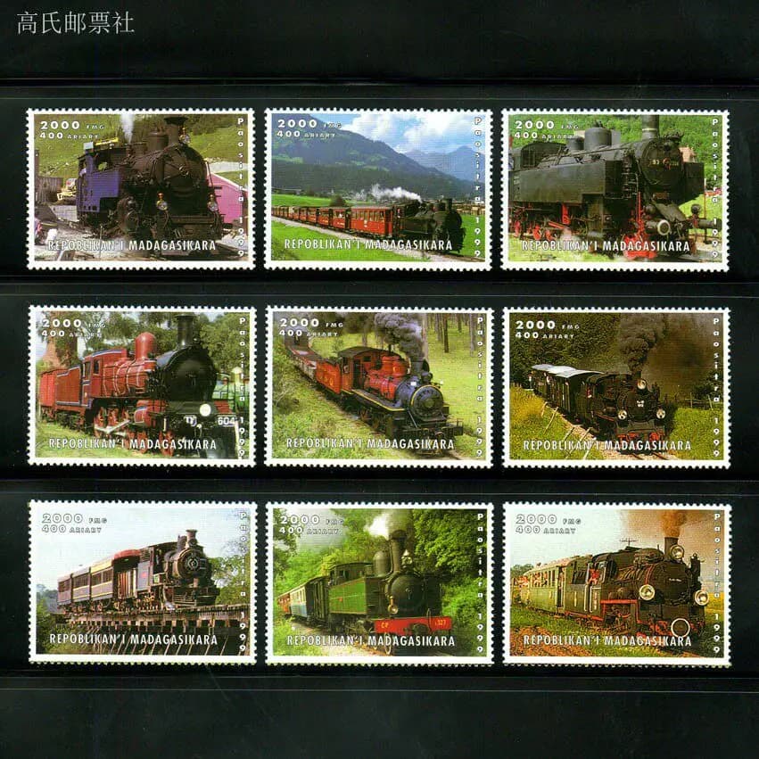 Madagascar Post Stamps Postage Y1999 Vintage Train Steam Locomotives Full Set 9 New Collectible Postage Stamps For Scrapbooking