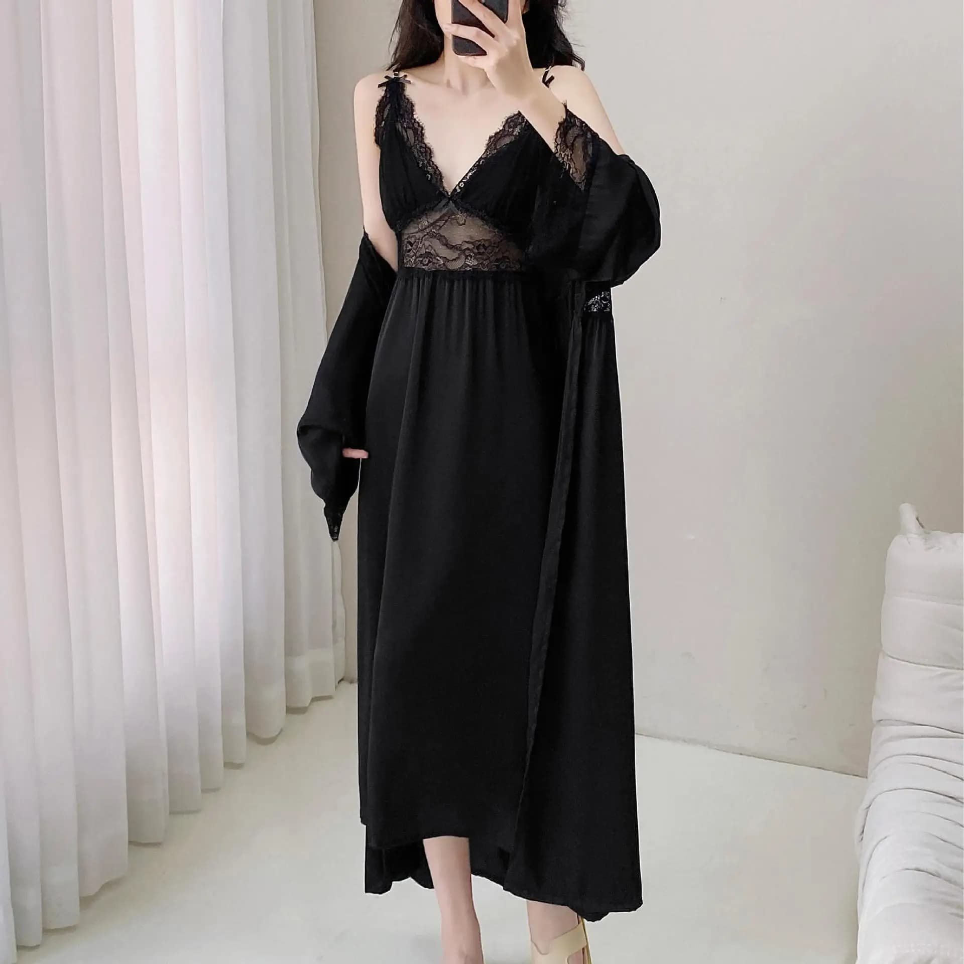 Female Long Twinset Robe Set Nightgown Spring Summer Kimono Bathrobe Gown Sexy Lace Trim Nightdress Satin Home Wear Loungewear