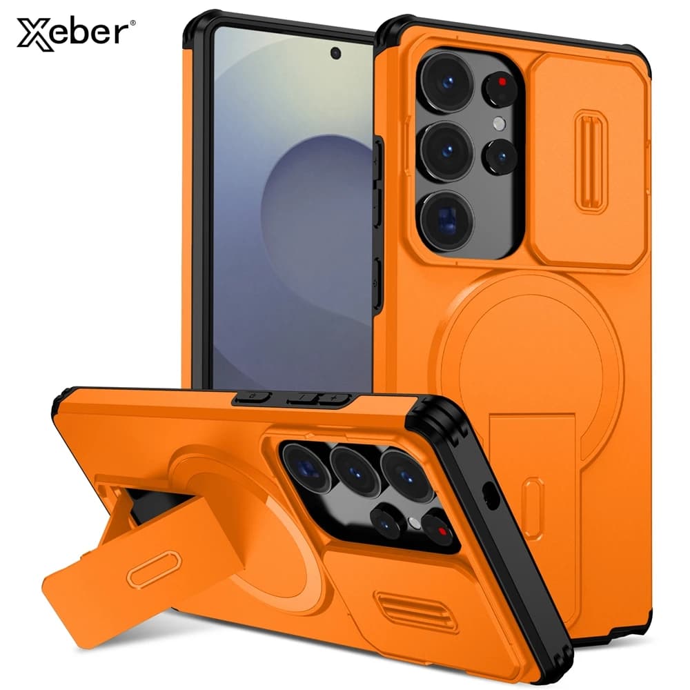 Custodia Armor per Samsung S26 Ultra S25 S24 S23 Plus A17 A56 con protezione scorrevole per l'obiettivo, cover magnetica per ricarica wireless
