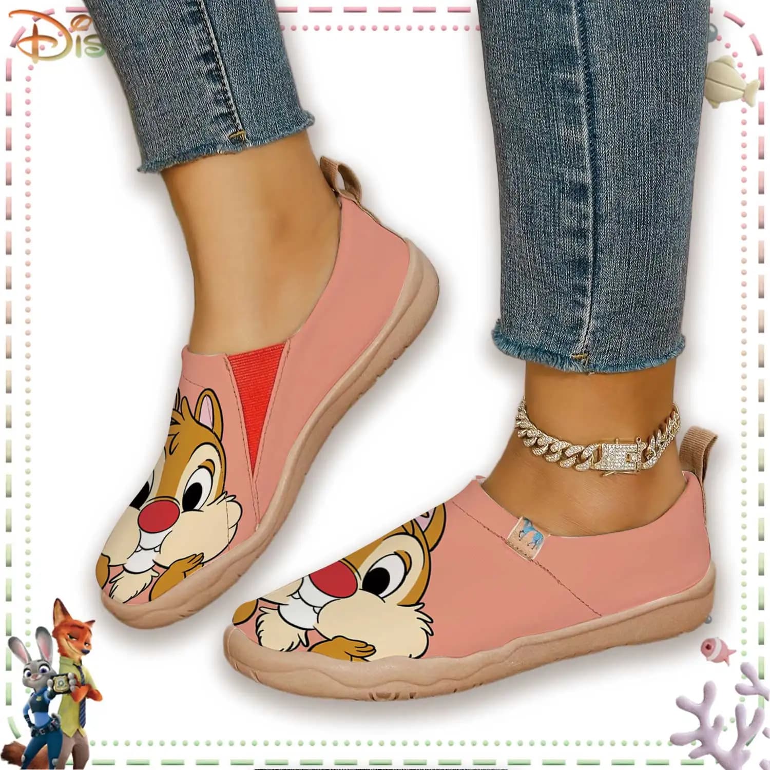 Scarpe casual slip-on da donna con stampa Disney Chip 'n' Dale, graziose sneakers a tema cartone animato