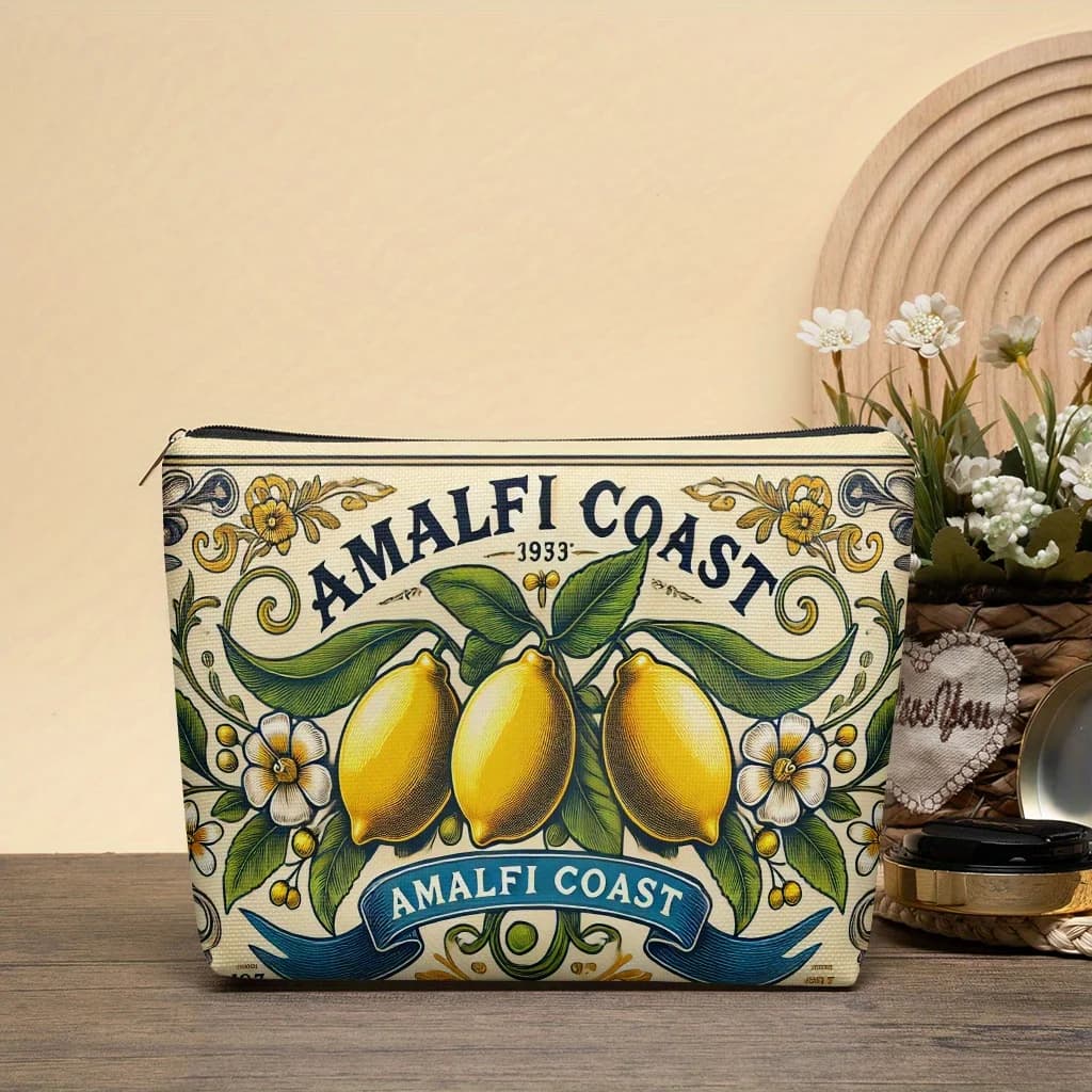 Borsa per il trucco A Amalfi Coast Lemon Blossom - Simpatica custodia multifunzionale con cerniera da donna, borsa per riporre gioielli