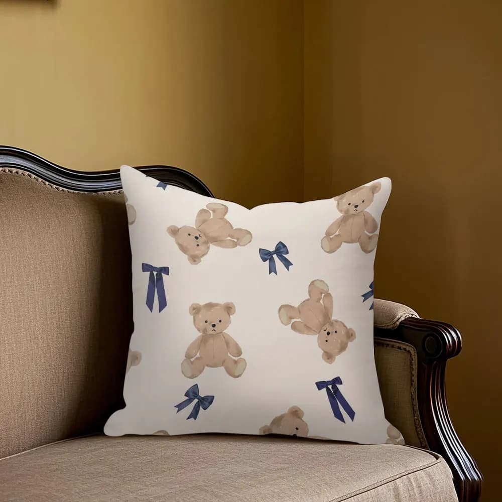 Teddy Bears and Bows square Jacquard Pillow Cover for Sofa Office Waist Cushion Cover Home Decorative Pillowcase