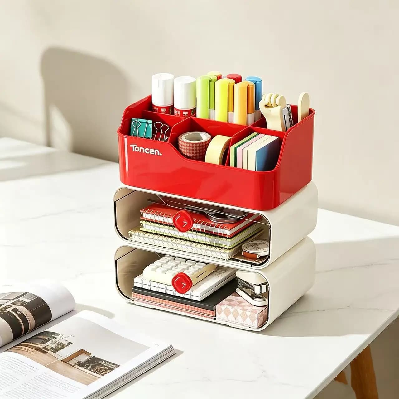 3-Tier Office Desktop Drawer Storage Box, Multifunctional Compartment Organizer for Student Desk Sundries