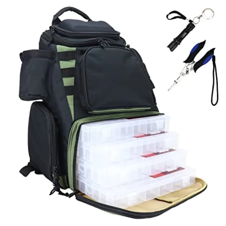 Zaino da Pesca, Contiene 4 Scatole per Attrezzatura, Porta Canna con Sistema MOLLE, Copertura Impermeabile, Include Pinze e Torcia