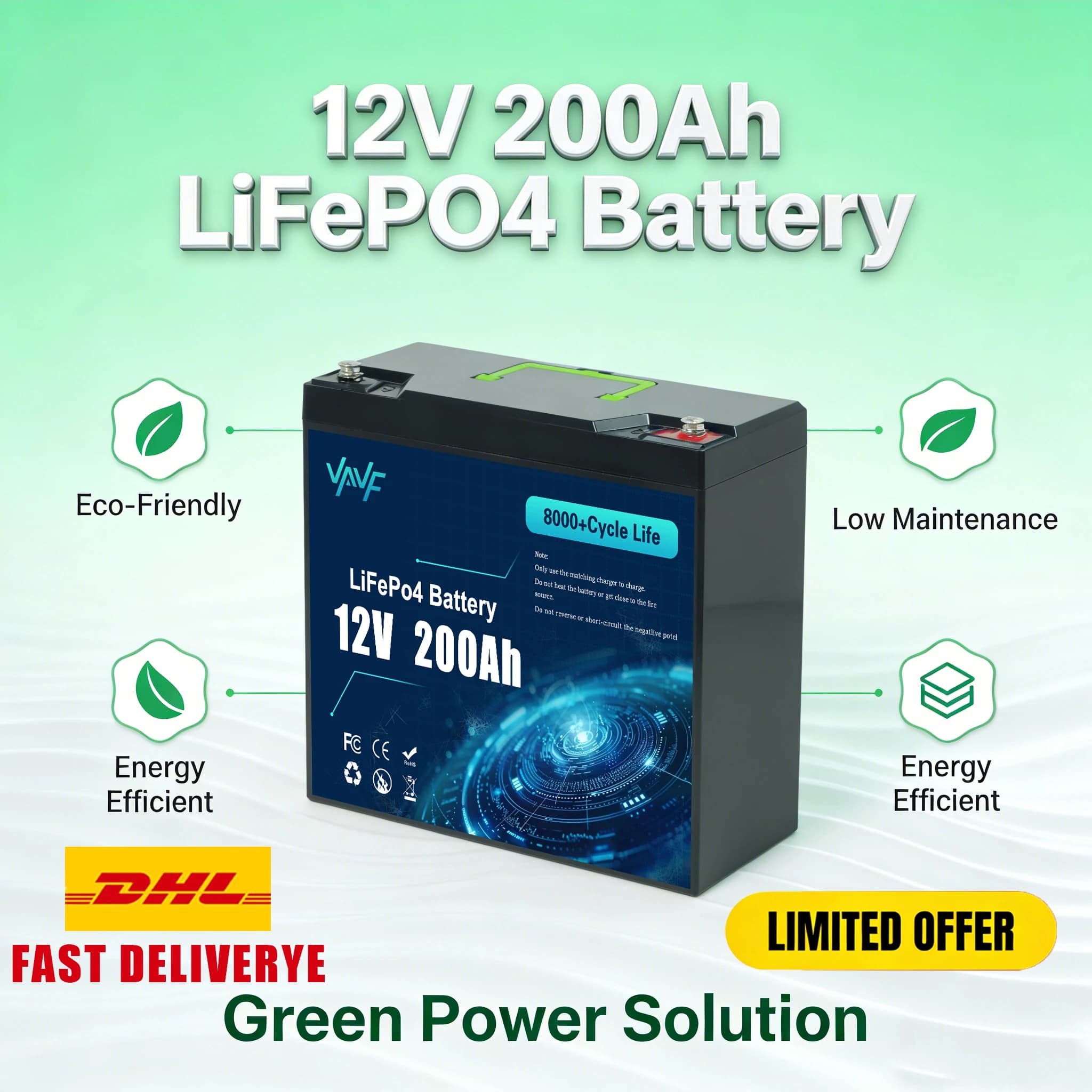 Batteria LiFePO4 12V 200Ah con BMS Intelligente Integrato 📡 Oltre 8000 Cicli 🛣️ Adatto per pannelli solari, camper, imbarcazioni, overlanding